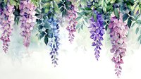 Cascading wisteria flowers in pink, purple and blue watercolor with green foliage hanging from above, creating romantic floral border on white background.