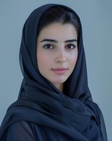 Young Middle Eastern woman wearing black hijab looking directly at camera with gentle smile against neutral background, portraying confidence and grace.