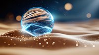 Glowing sphere with light trails floating over sandy dunes at night, magical orb emitting blue energy waves against starry dark sky background.
