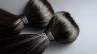 Dark brown hair extensions tied with elastic bands on light background, showing glossy texture and natural shine. Professional hairpiece for salon and beauty industry.