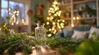 Glass jar with cork stopper on pine branches against blurred Christmas tree lights in cozy home interior.