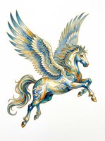 Ornate winged horse with blue and gold decorative patterns, isolated on transparent background. Ready for t-shirt design, clipart, stickers, sublimation, and print-on-demand products.