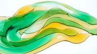 Flowing green and yellow liquid waves with glossy translucent layers creating dynamic motion on white background, suitable for abstract backgrounds and design projects.