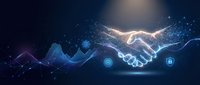 Digital handshake with glowing particles and security icons representing business partnership, technology connection, and cybersecurity collaboration.