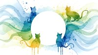 Colorful watercolor cats silhouettes with flowing paint splashes in blue, green and yellow tones on white background for creative design projects.