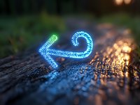 Glowing blue neon arrow curves on dark wooden surface with bokeh lights and natural forest background, creating magical fantasy atmosphere for design projects.