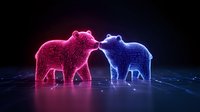 Glowing neon bears touch noses on digital circuit background, pink and blue holographic animals create romantic scene with futuristic technology aesthetic.