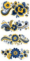 Elegant floral ornaments in navy blue and golden yellow colors featuring decorative folk art style flowers and swirls perfect for textile design, greeting cards and digital scrapbooking.
