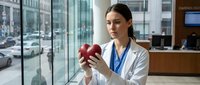 Female healthcare professional with dark hair and olive complexion wearing white medical coat and blue stethoscope holding red apples in modern office setting, promoting nutrition and wellness.