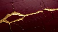 Dramatic burgundy surface with golden kintsugi-style cracks creating abstract pattern. Luxury art concept showing broken surface repaired with precious metal effect.