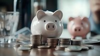 Pink piggy bank with stacked coins on desk representing savings, financial planning, money management and investment growth for personal finance goals.