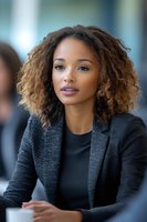 Young African American businesswoman with natural curly hair wearing black blazer and top in professional office setting, confident expression during meeting.