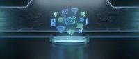 Futuristic holographic display with glowing communication icons floating above digital platform in dark tech environment for business presentations.
