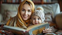 Young mother in hijab reading bedtime story to cheerful toddler in knitted hat. Cozy home atmosphere perfect for family, education, and parenting concepts.