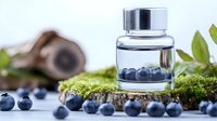 Natural blueberry extract in glass bottle with fresh berries and moss for skincare cosmetics and wellness products.