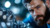 Young bearded Caucasian male engineer examining precision mechanical gear component in modern industrial manufacturing facility with bokeh lighting.