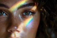 Close up portrait of young woman with freckles and natural makeup in rainbow light prism effect across face showing bright green eyes and glowing skin.