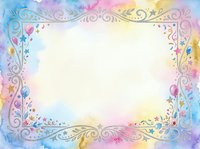 Watercolor floral frame with ornate swirls and decorative border on pastel rainbow background. Blank center space for text or design elements.