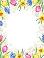 Easter spring frame with tulips, daffodils, hyacinths, decorated eggs and bunnies on white background. Seasonal holiday border for greeting cards.