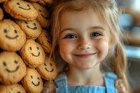 Young blonde girl smiling happily next to freshly baked smiley face cookies in warm bakery setting. Child enjoying homemade treats and baking experience.
