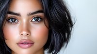 Close up portrait of young Asian woman with natural makeup, glowing skin, pink lips and dark wavy hair against light background, beauty and cosmetics concept.