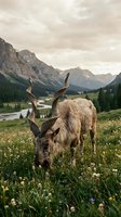 Mountain goat grazing in alpine meadow with wildflowers against dramatic rocky peaks and forest valley during golden hour sunset lighting.