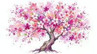 Blooming tree with pink and magenta flowers, watercolor style with scattered petals and splashes, suitable for spring designs, nature backgrounds, and botanical artwork.