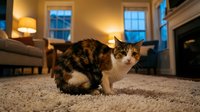 Calico cat sitting on a carpet in a cozy living room with warm lighting, fireplace, and evening ambiance in the background.