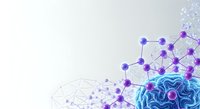 Molecular structure network with purple and blue connected nodes transitioning into brain waves, representing artificial intelligence, neural networks, and data science concepts for technology and innovation projects.