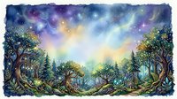 Enchanted forest landscape with ancient trees, glowing magical lights, and ethereal aurora sky with stars, suitable for fantasy art, book illustrations, and mystical themed designs.