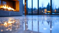 Modern fireplace with flames reflecting on polished concrete floor in contemporary home interior with large windows overlooking winter evening cityscape.