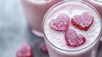 Pink heart-shaped sugar cubes floating in creamy milkshake with frothy bubbles, romantic Valentine's day drink served in glass against blurred background.