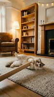Fluffy cat playing with toy on neutral carpet in cozy living room with wooden bookshelf, leather armchair, fireplace and warm lighting for home decor and pet lifestyle content.