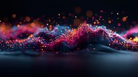 Colorful glowing particles form dynamic wave against dark background, with vibrant orange and pink bokeh lights creating magical atmospheric effect.