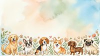 Watercolor dogs border with golden retriever, french bulldog, beagle, corgi, dachshund and pug surrounded by flowers on pastel background.