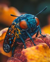 Blue metallic wasp with large red compound eyes perched on orange flower, displaying intricate wing patterns and fuzzy body texture in macro nature photography.