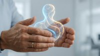 Male hands holding glowing intestinal system hologram, representing digestive health, gastroenterology medical technology, and healthcare innovation for clinical and wellness applications.