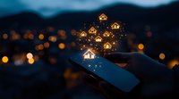 Glowing house icons floating above smartphone screen at dusk with bokeh city lights in background, illustrating smart home technology and connectivity.