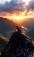 Cat silhouette sitting on mountain peak at dramatic sunset with golden light streaming through clouds over valley landscape, creating mystical atmosphere.