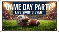 Game day party banner with football helmet and ball on stadium field with cheering crowd for sports event celebration and fan gatherings.