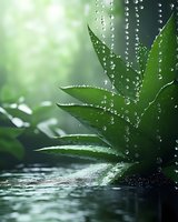 Fresh aloe vera plant with water drops in morning light, green leaves close-up on dark background with bokeh effect and falling water droplets.