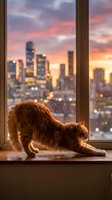 Ginger cat stretching on windowsill with urban skyline and sunset backdrop, ideal for pet, lifestyle, and interior design projects.