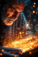 Elderly bearded man illuminated by magical glowing particles and bokeh lights in dark atmosphere, creating mysterious and enchanting mood with orange and blue tones.