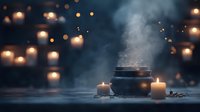 Mystical composition with steaming black cauldron and glowing candles in dark atmospheric setting. Magical smoke and bokeh lights create mysterious ambiance.