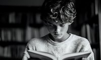 Young person with curly hair in white sweater reading book intently in library, dramatic lighting creates moody atmosphere for education and literature concepts.