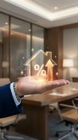 Businessman hand holding glowing house icon with percentage symbol and upward arrow in modern office representing real estate investment growth.