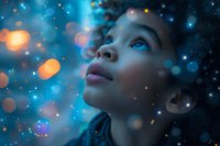 Young African American child gazing upward with wonder at magical blue lights and bokeh effects, expressing curiosity and amazement against cosmic background.