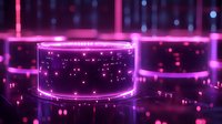 Glowing purple neon cylinders with digital patterns create futuristic technological display against dark background with bokeh lights and reflective surface.