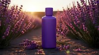 Purple cosmetic bottle in blooming lavender field at golden sunset for natural skincare and aromatherapy products.