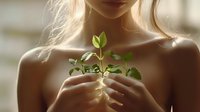 Young caucasian woman gently holding small green plant seedling with roots in soft natural light, representing growth, nurturing and environmental consciousness.